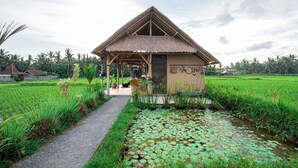 A thatched-roof hut with a pathway leading to it, surrounded by lush green fields and a small pond with lily pads. - Pondok Mawas (Ubud)