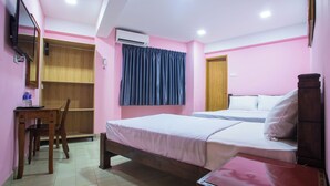 A bedroom with two beds, a desk, a chair, a wardrobe, and a TV. - MK Inn Hotel (Kuala Lumpur)