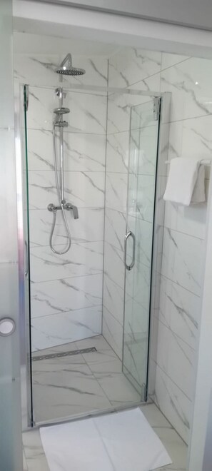Regadera, secadora de cabello, toallas, papel de baño 