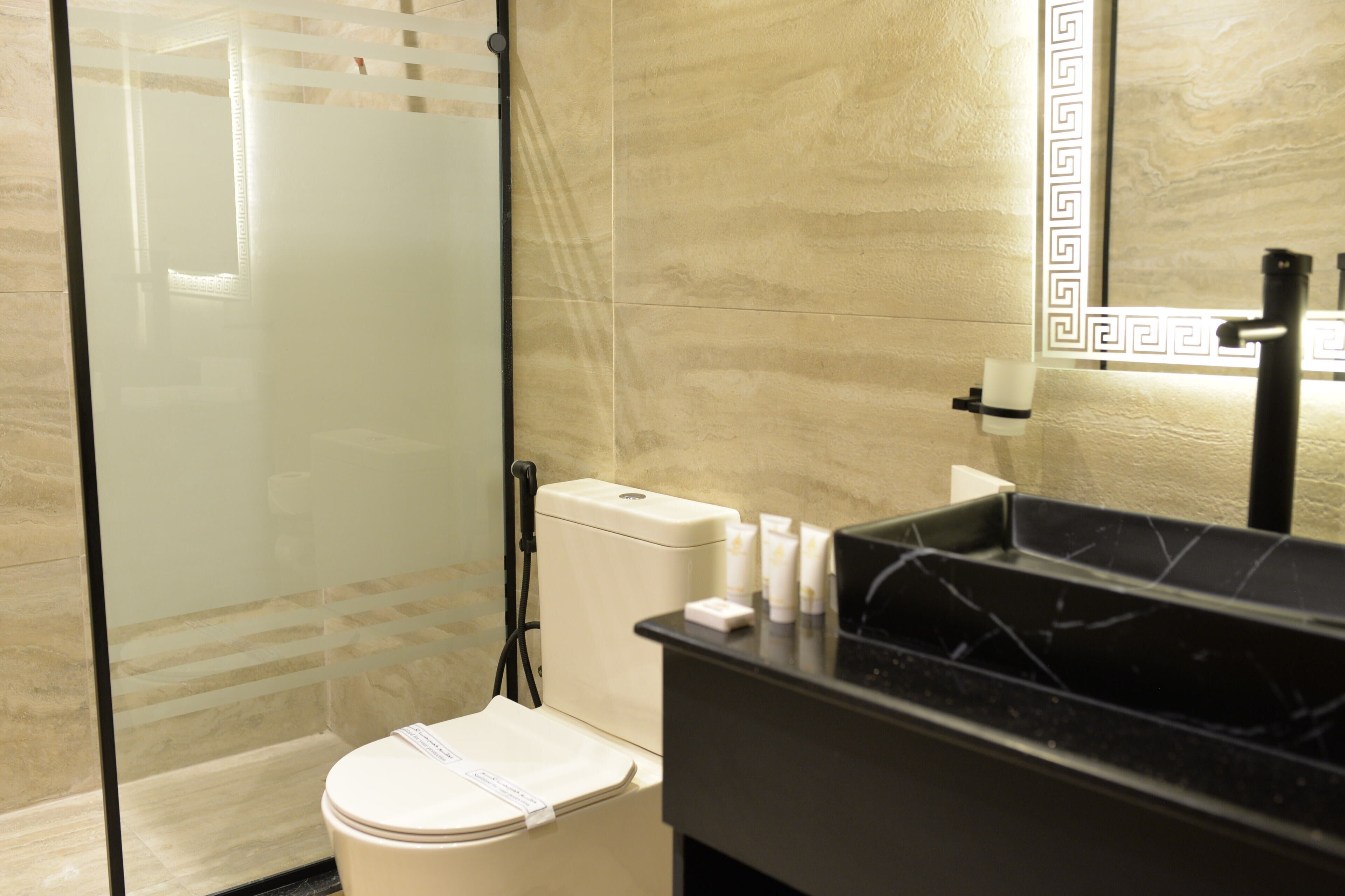 Un baño moderno con cabina de ducha de vidrio, inodoro e inusual lavamanos de mármol negro con artículos de aseo.