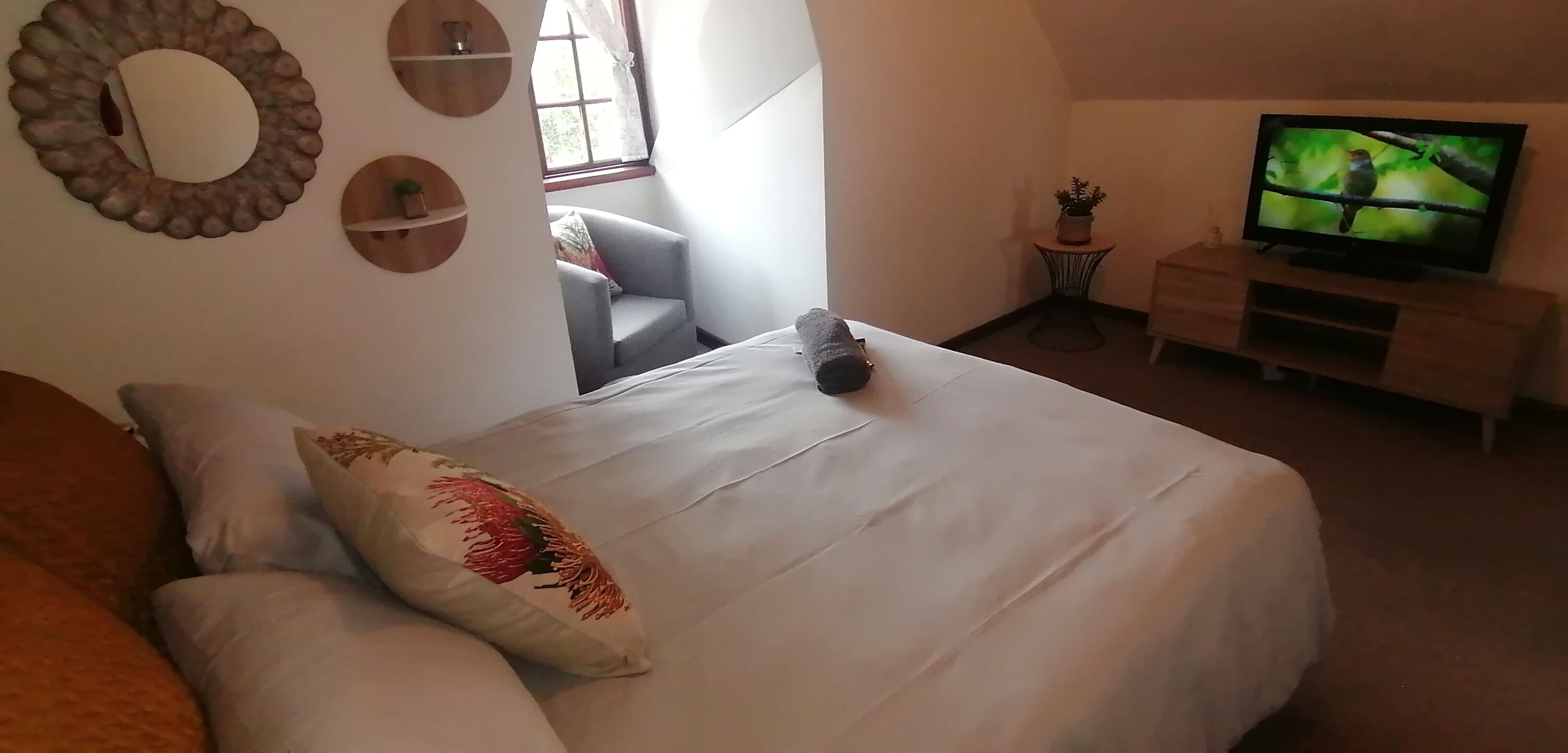 A bedroom with a bed, a TV, a chair, and a window.