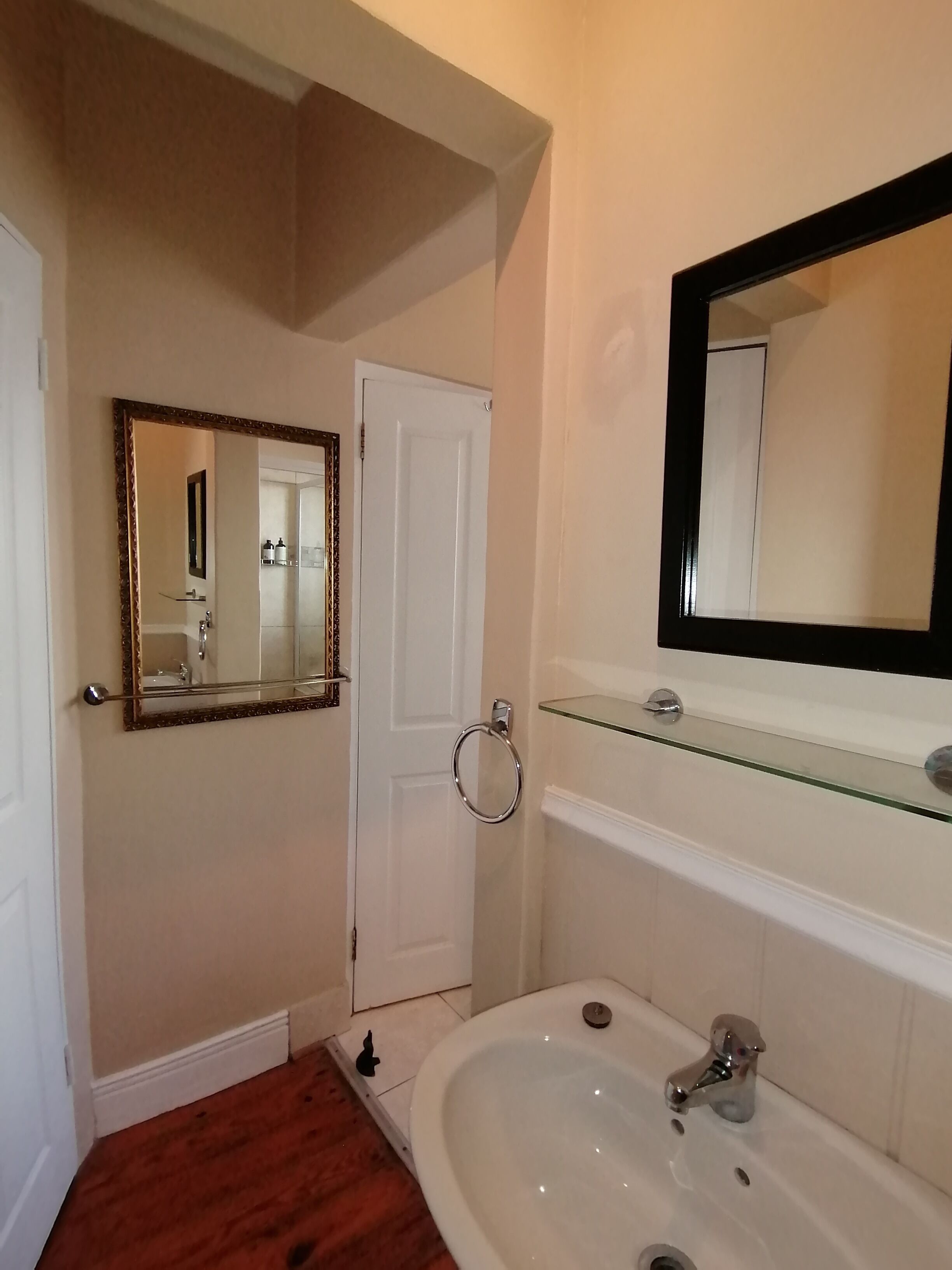A bathroom with a white sink, a mirror, and a glass shelf.