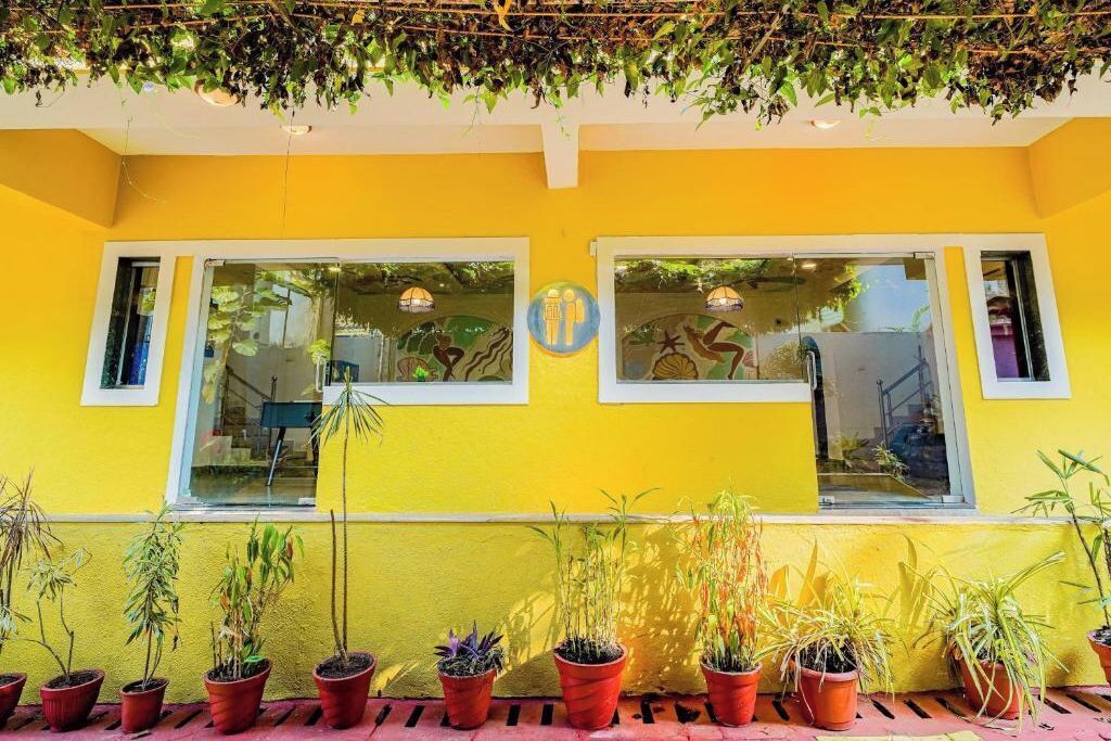 Un bâtiment jaune avec deux fenêtres et des plantes en pot devant.