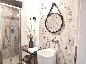 Shower, hair dryer, bidet, towels