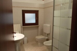Shower, hair dryer, bidet, towels