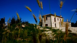 A stone building with a flat roof, surrounded by grass and wildflowers. - Pezzelelle (Roccamorice)