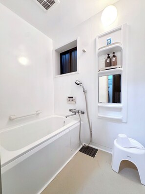 Shower, hair dryer, bidet, towels