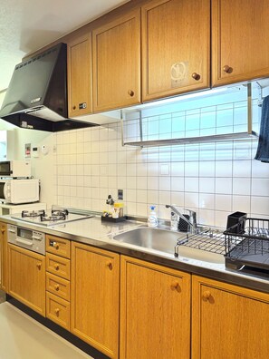 Fridge, microwave, stovetop, electric kettle