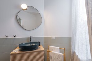 Shower, hair dryer, bidet, towels
