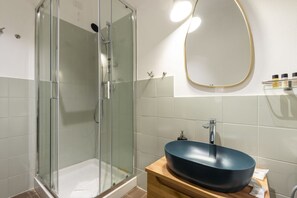 Shower, hair dryer, bidet, towels
