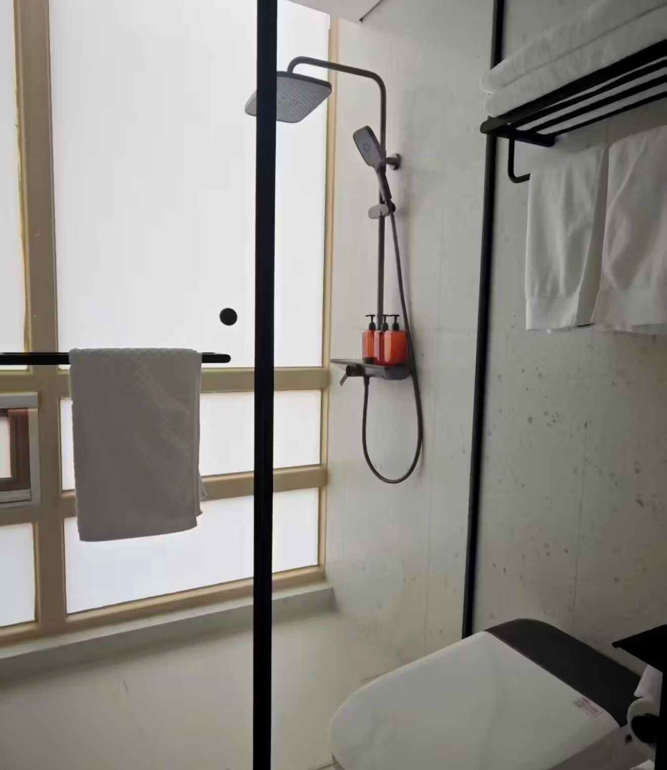 Ein Badezimmer mit Dusche, Handtuchhalter und Fenster.