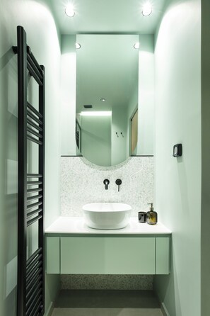 Shower, hair dryer, bidet, towels