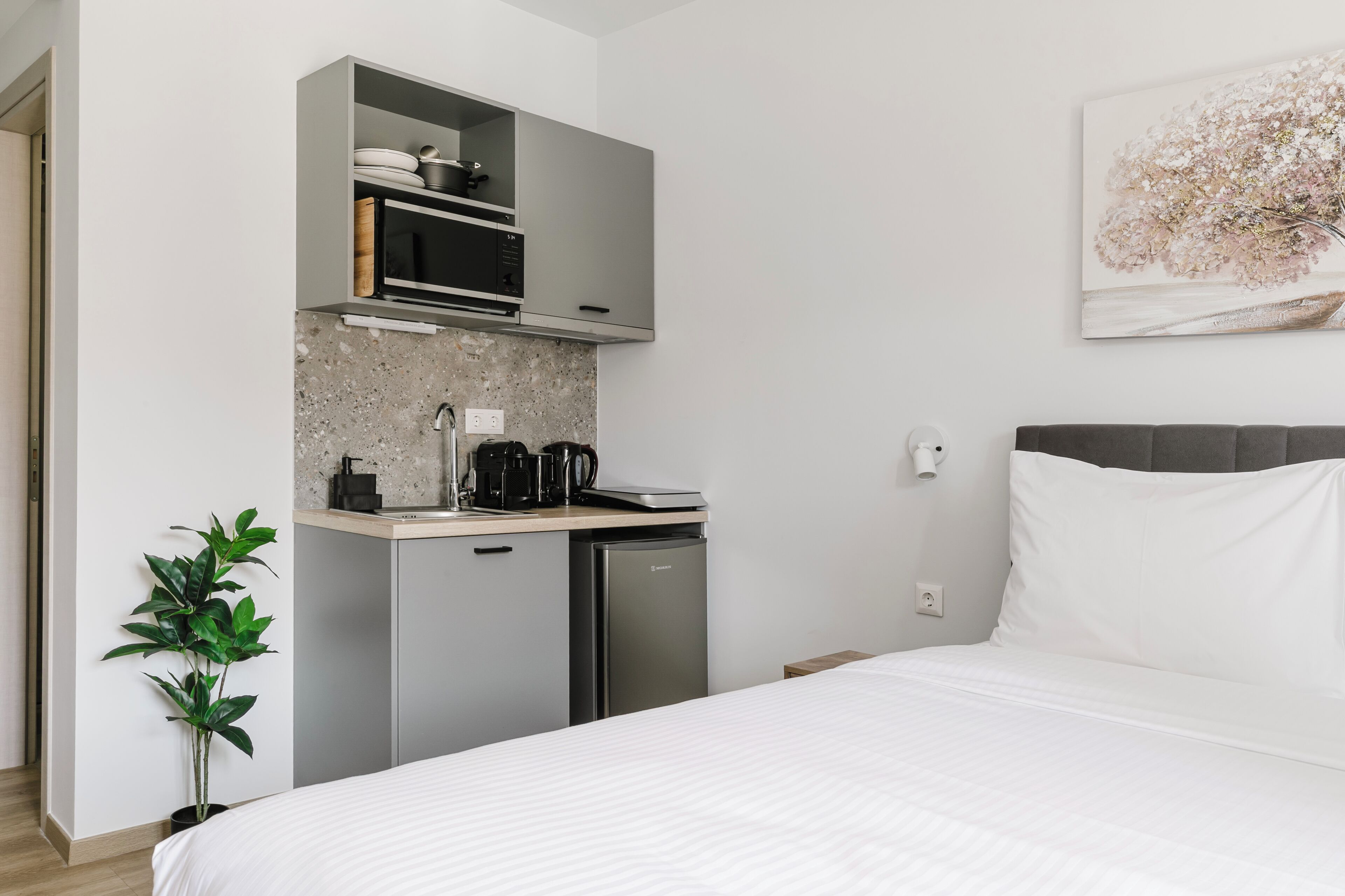 Camera d'albergo moderna con un letto, angolo cottura completo di frigorifero, macchina del caffè e microonde. Si nota anche una pianta in vaso e un quadro appeso al muro.