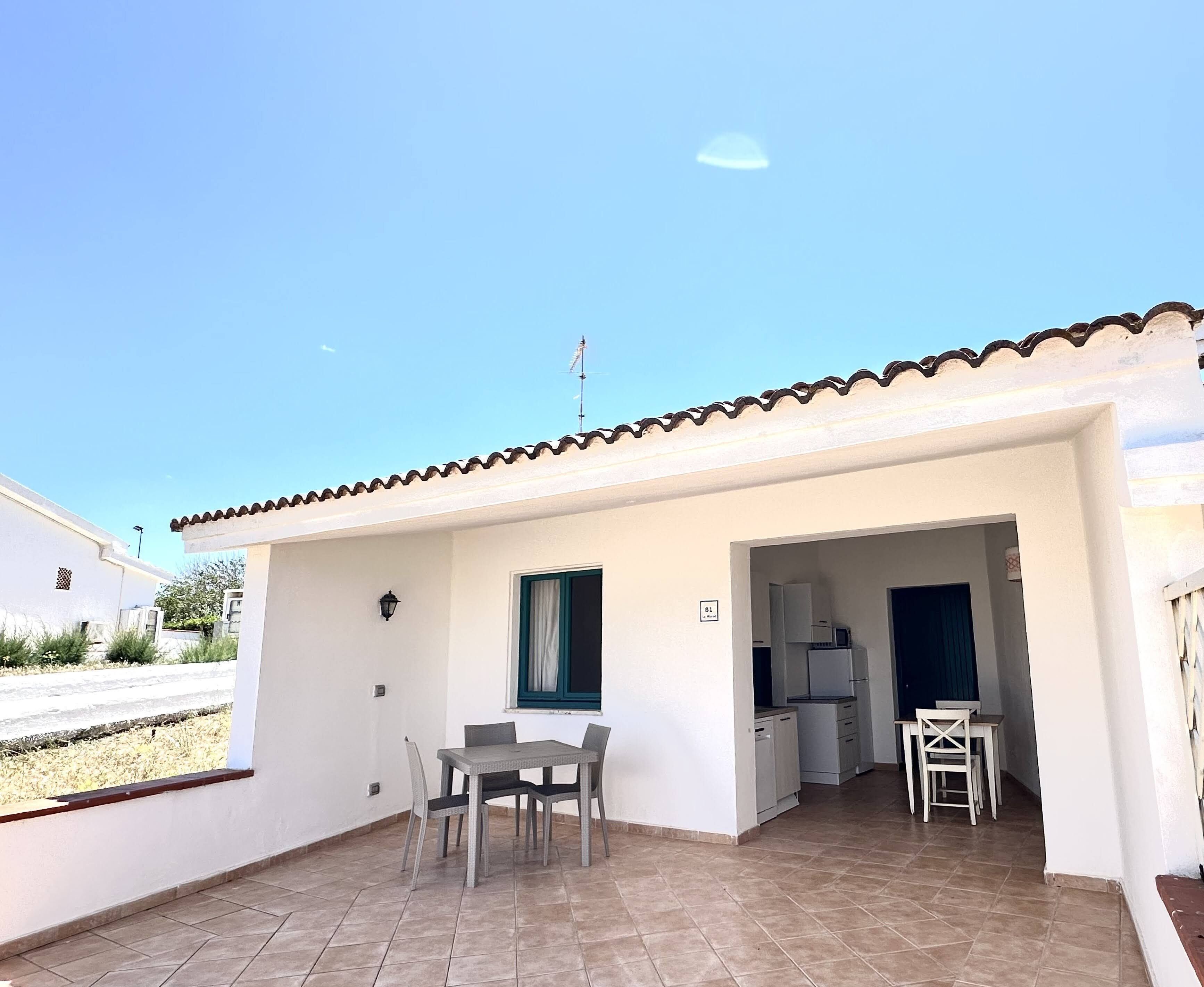 A covered patio area with a dining table and chairs, a kitchen area, and a clear blue sky.