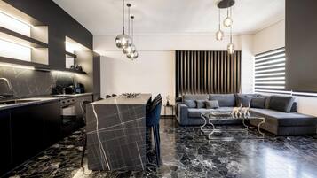 Apartment, City View | Living room | 45-inch Smart TV with satellite channels, Netflix, streaming services