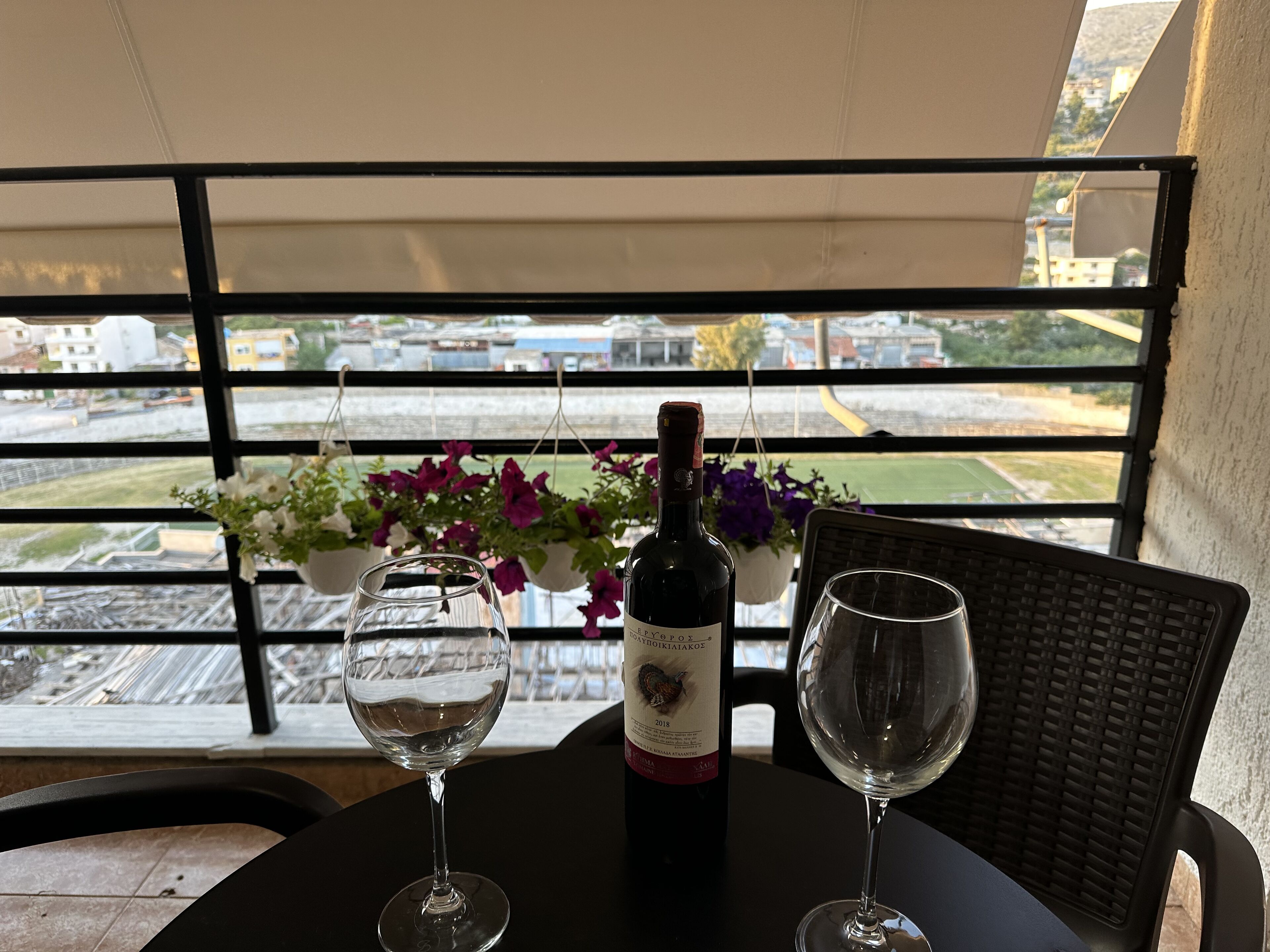 A table with a bottle of wine and two glasses, a potted plant with purple flowers, and a view of a cityscape through a window with black frames.