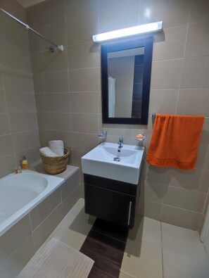Secadora de cabello, toallas, jabón, papel de baño 