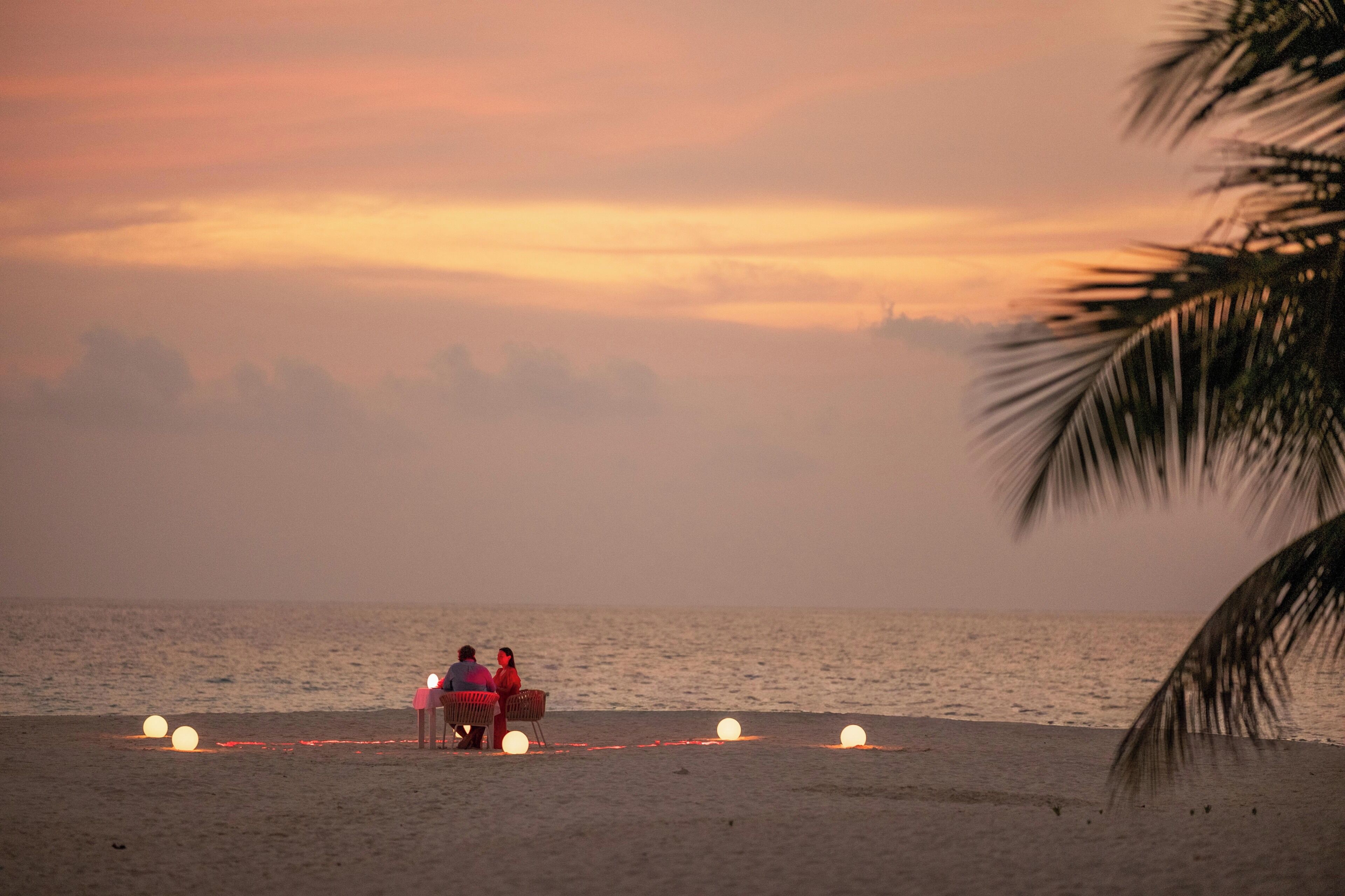 A beach scene with a sunset, palm trees, and people sitting on chairs.