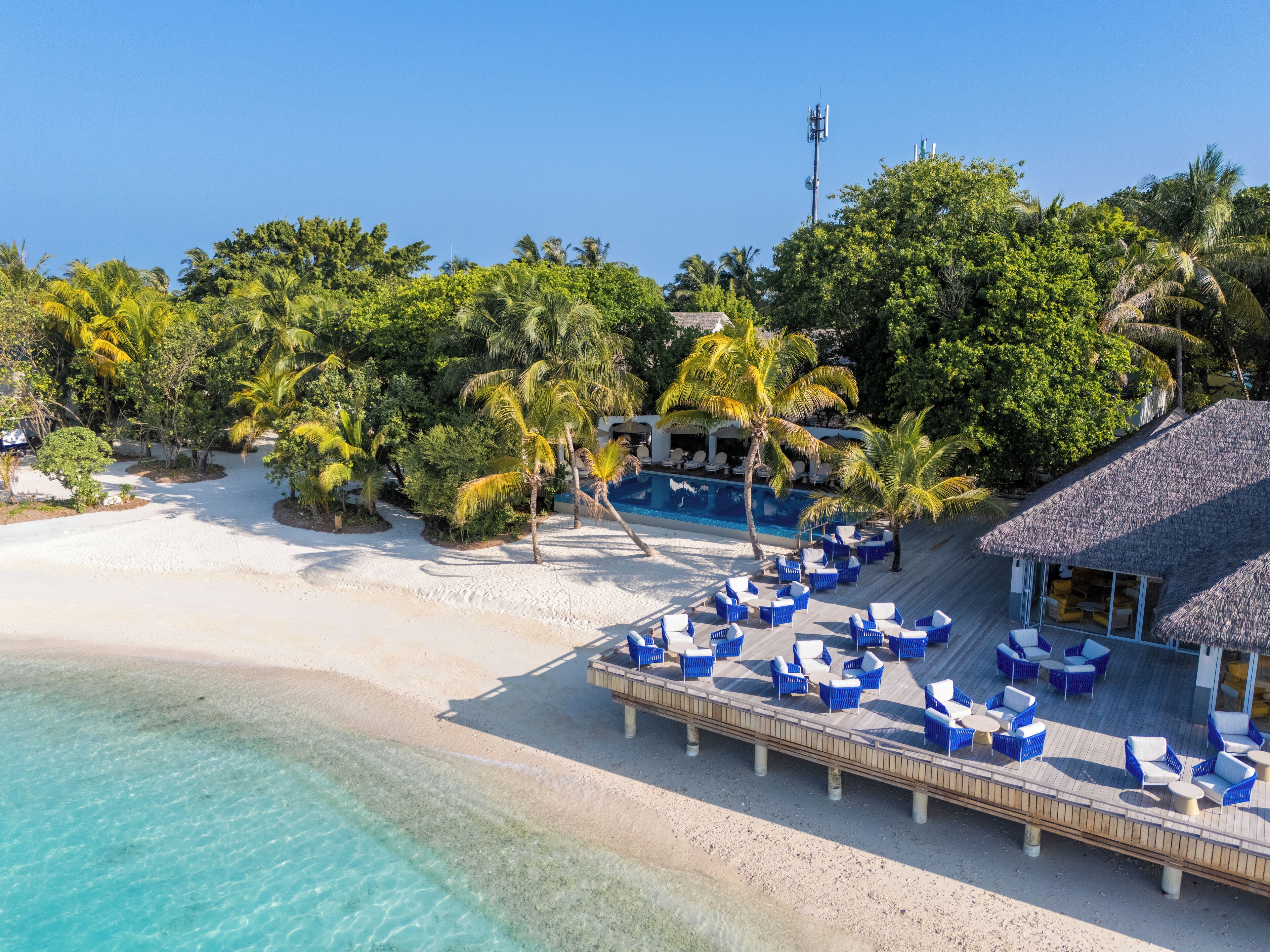 Un resort en la playa con piscina, sillas de descanso y una construcción de techo de paja.