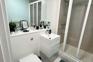 Shower, hair dryer, soap