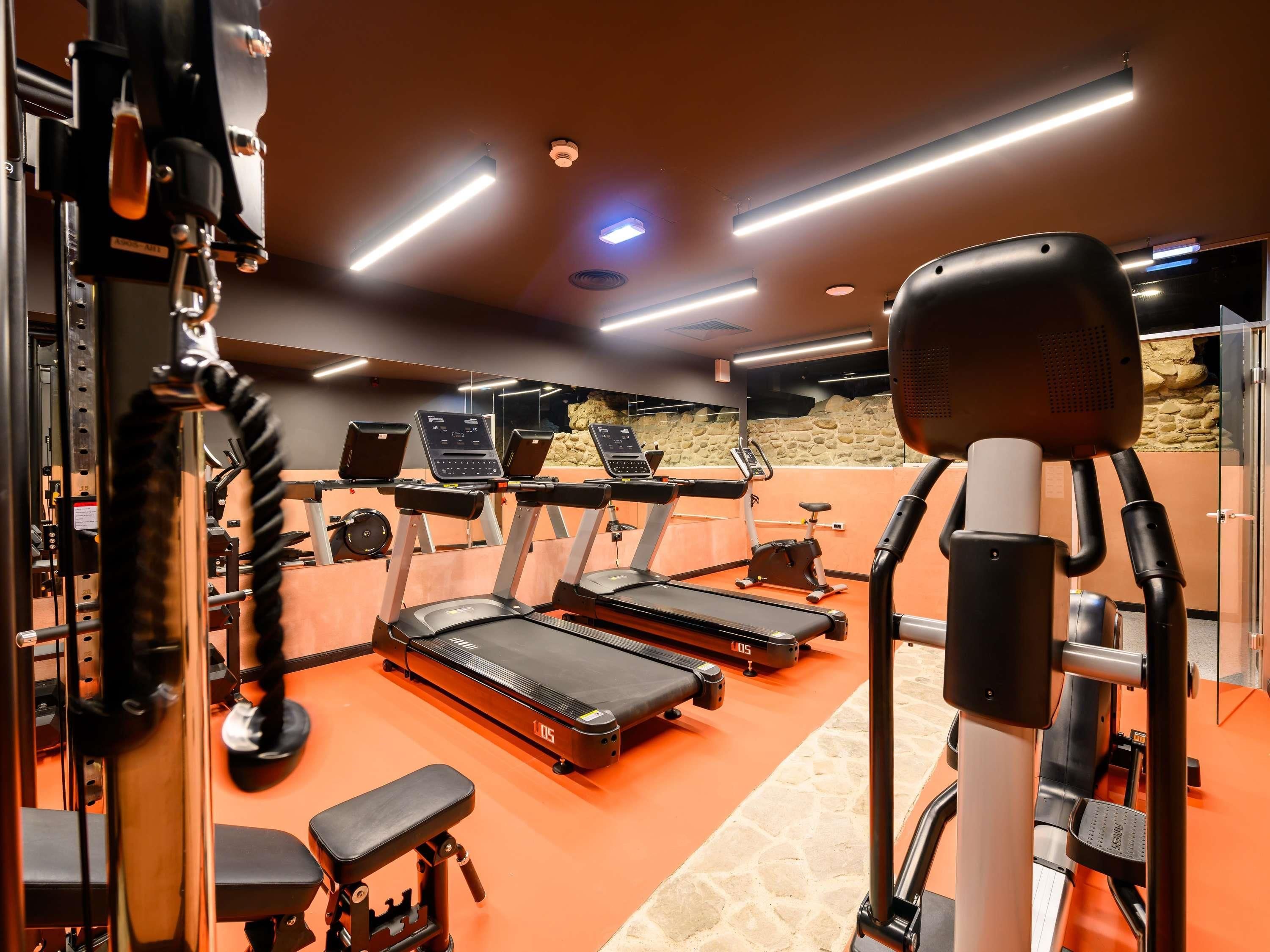 A gym with treadmills, exercise bikes, and weight machines.