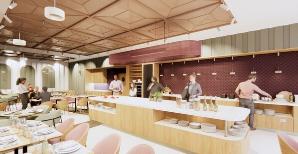 A modern restaurant interior with a central counter, dining tables, and chairs. - Mercure Alba Iulia (Alba Iulia)