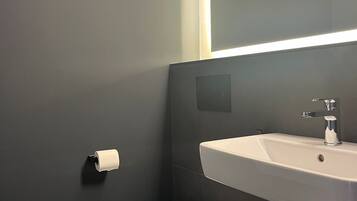 Cabezal de ducha tipo lluvia, secador de pelo, toallas y jabón