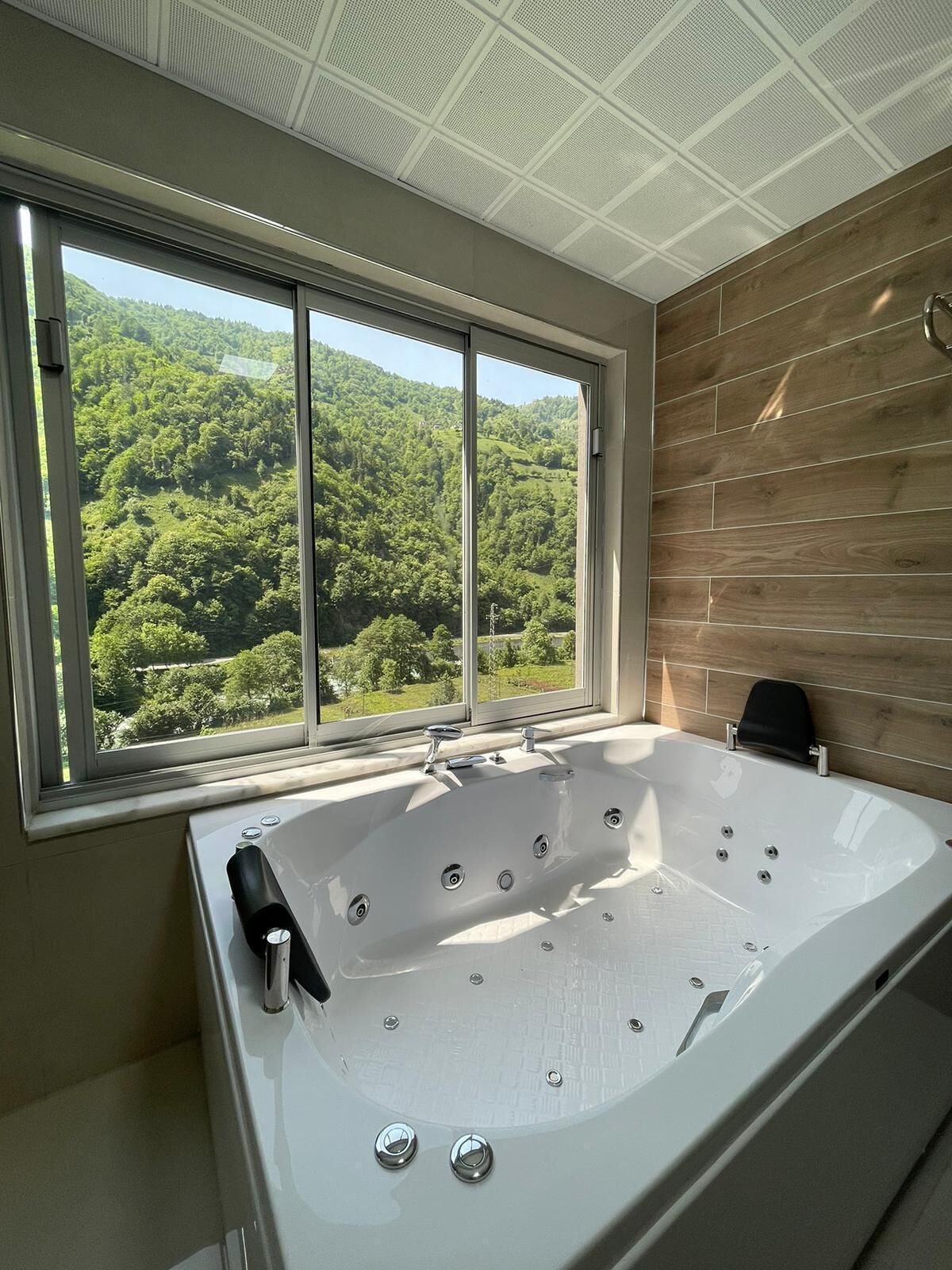 A bathroom with a large bathtub, a window with a view of a forest, and wooden paneling on the wall.