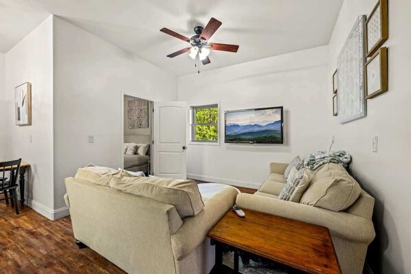 Smart TV, fireplace, DVD player