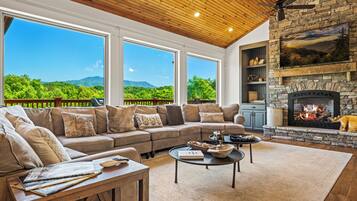 TV connectée, cheminée, lecteur de DVD, livres