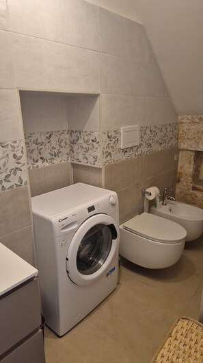 Douche, bidet, serviettes fournies, papier toilette