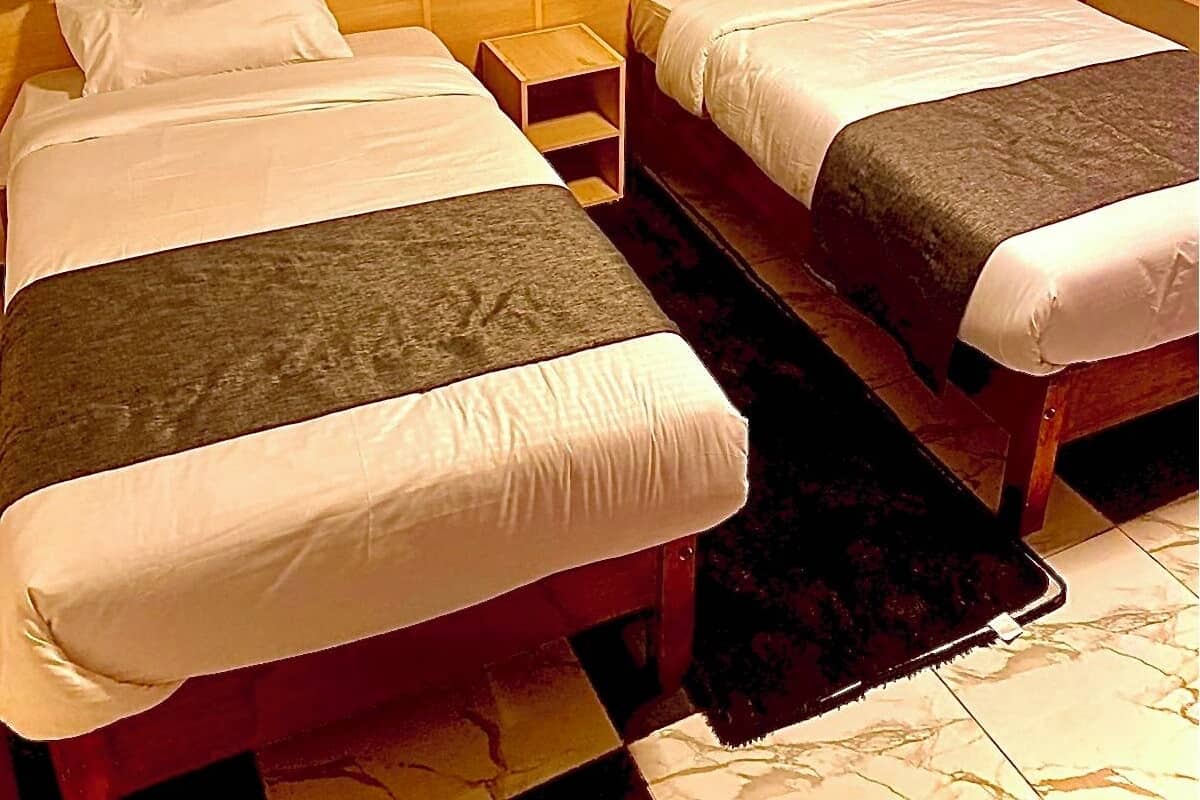 Una habitación de hotel con dos camas individuales, una mesita de noche de madera y una alfombra oscura.