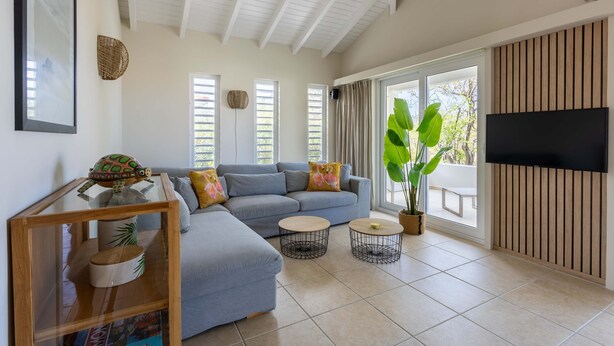 A modern living room with a sectional sofa, two round coffee tables, a flat-screen TV, and a large potted plant. - Ser na Private Retreat (St. Marie)