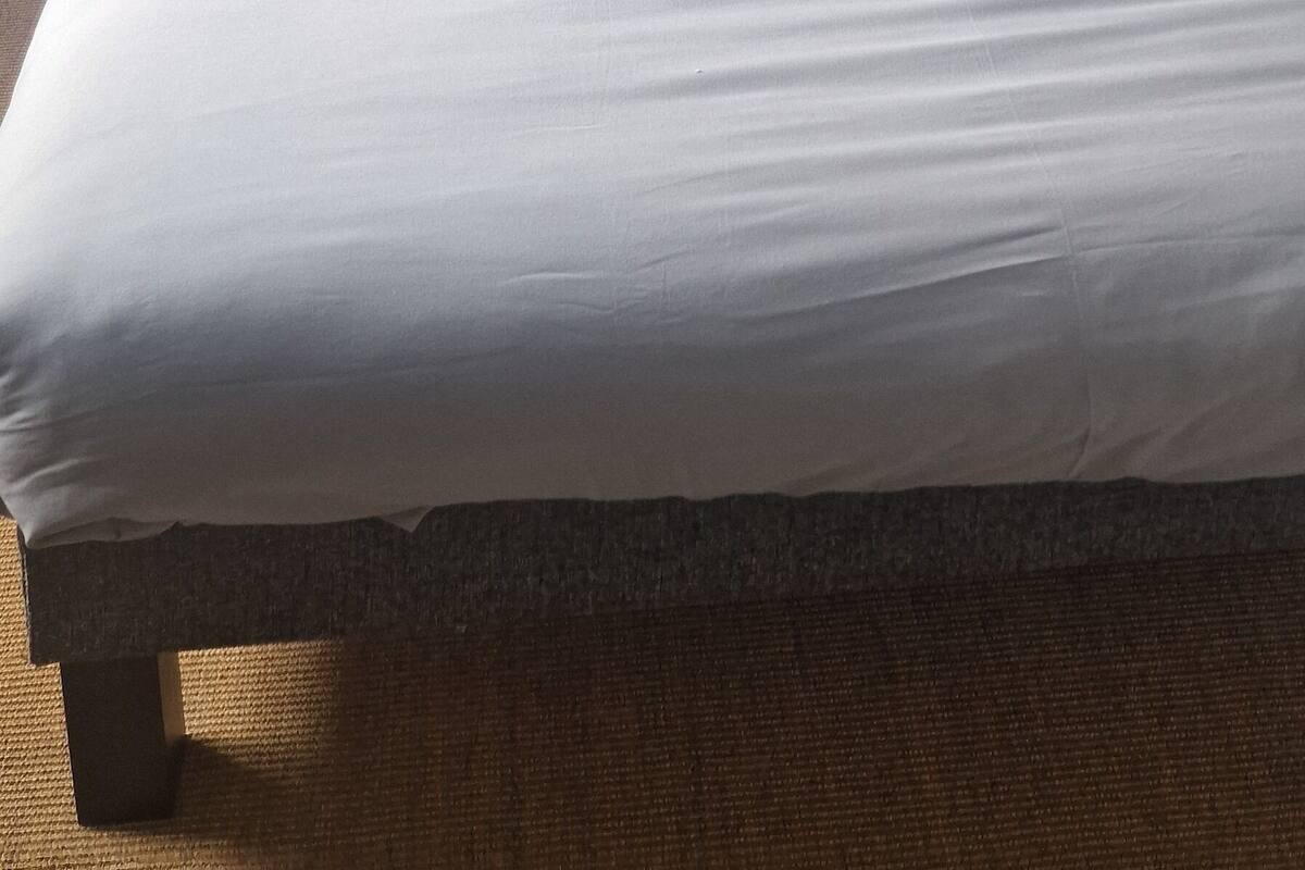A neatly made bed with white linens and two pillows, a grey upholstered headboard, and a wall mural of European architecture.