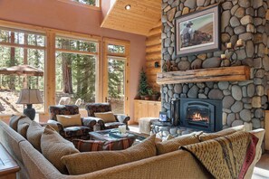 Smart TV, fireplace, DVD player, books