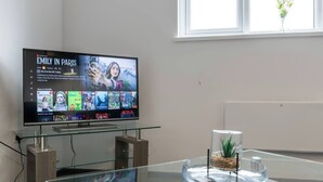 Un salon moderne doté d’un téléviseur à écran plat affichant l’interface de Netflix, d’une table basse en verre et d’une décoration minimaliste comprenant une petite plante.