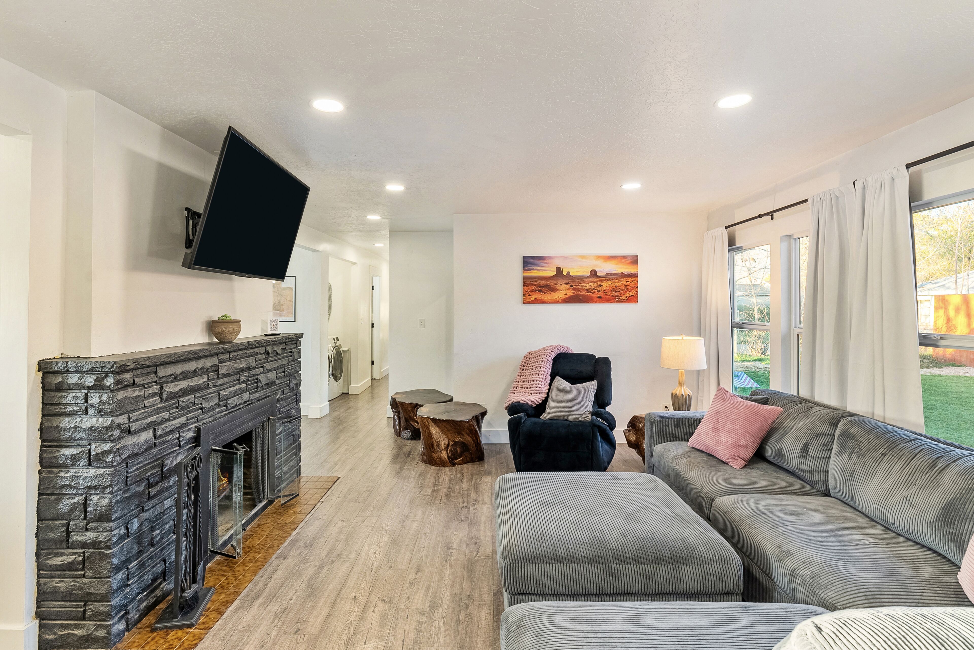 Smart TV, fireplace, video games, foosball