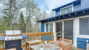 A deck with a grill, outdoor seating, and a view of the house. - 2 Mi to Mt Snow: Cozy Family Alpine Retreat! (West Wardsboro)
