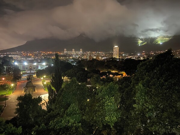 A nighttime cityscape with a prominent mountain in the background, illuminated buildings, and a park area with a statue.