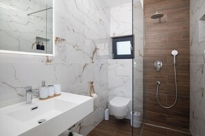 Shower, hair dryer, bidet, towels