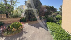 A residential area with a paved driveway, a large tree, and various shrubs and plants. - T2 SPACIEUX, LOGGIA ET ACCES WIFI (Sète)