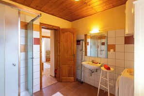 Shower, hair dryer, bidet, towels