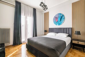 Deluxe Apartment, Balcony, City View | Egyptian cotton sheets, premium bedding, down duvets, memory-foam beds - Helios Apartment by A&A Residences (Athens)