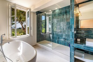 Shower, hair dryer, towels, toilet paper