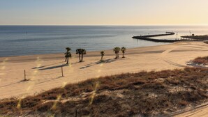A beach with a curved pier extending into the water, surrounded by sparse vegetation and a clear sky.