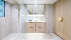 Shower, hair dryer, towels