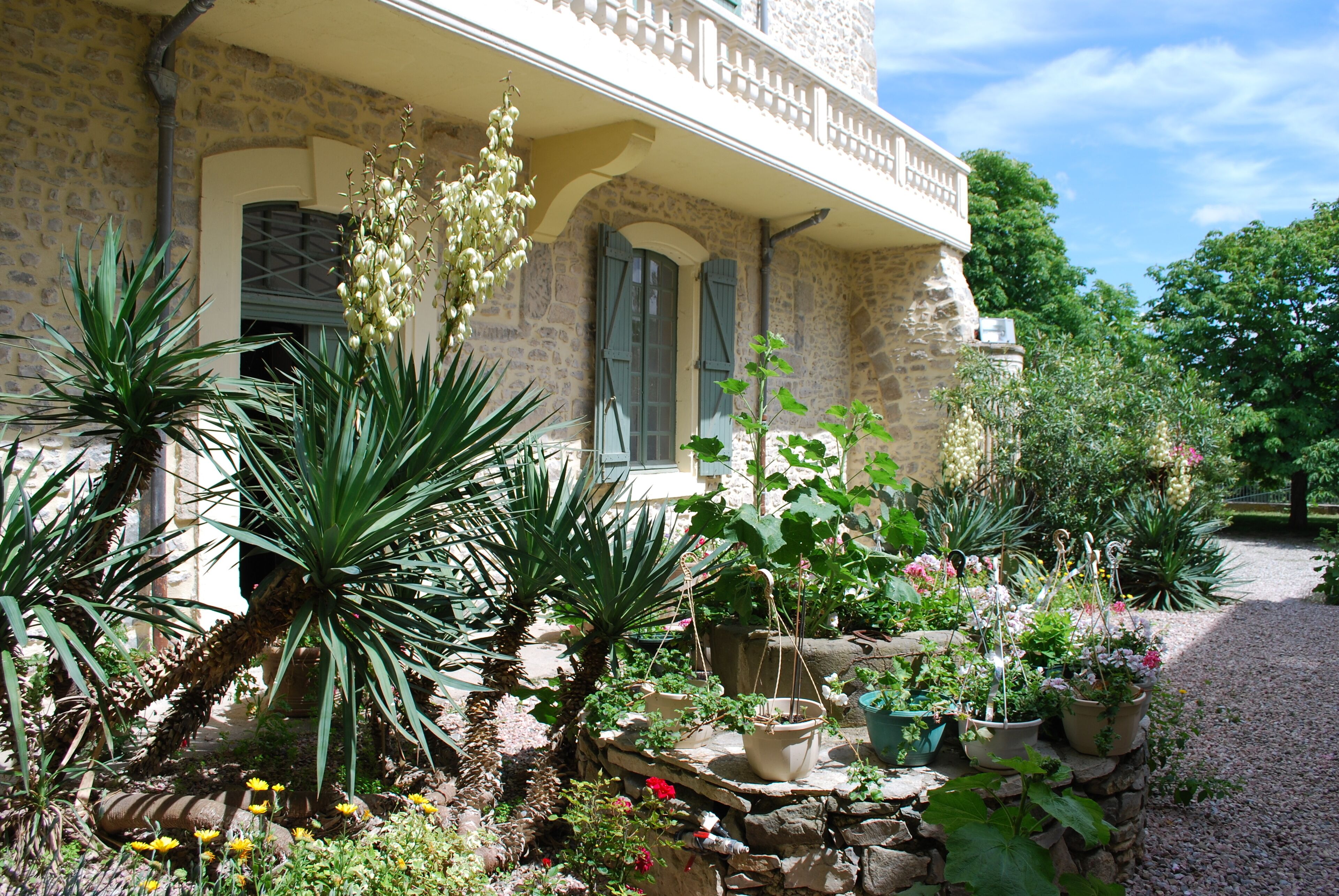 Un bâtiment en pierre doté d’un balcon, entouré de différentes plantes et fleurs en pot.