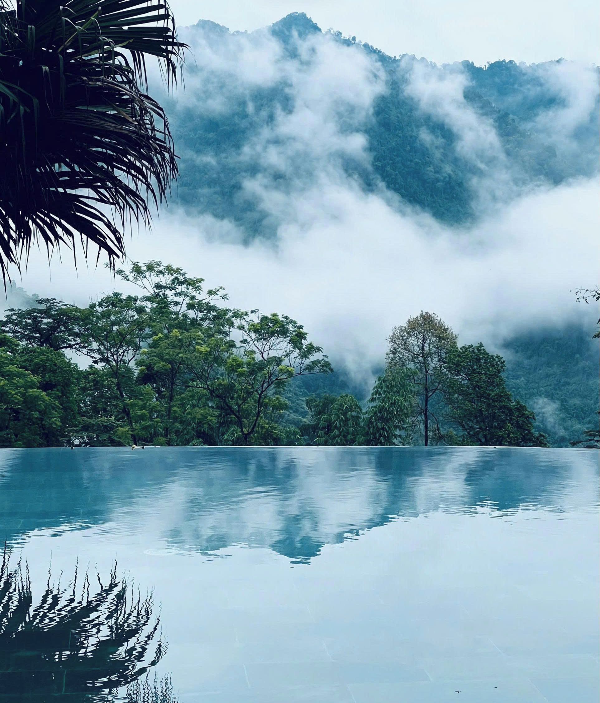 Ein ruhiger Infinity-Pool mit Bergblick und üppiger Vegetation.