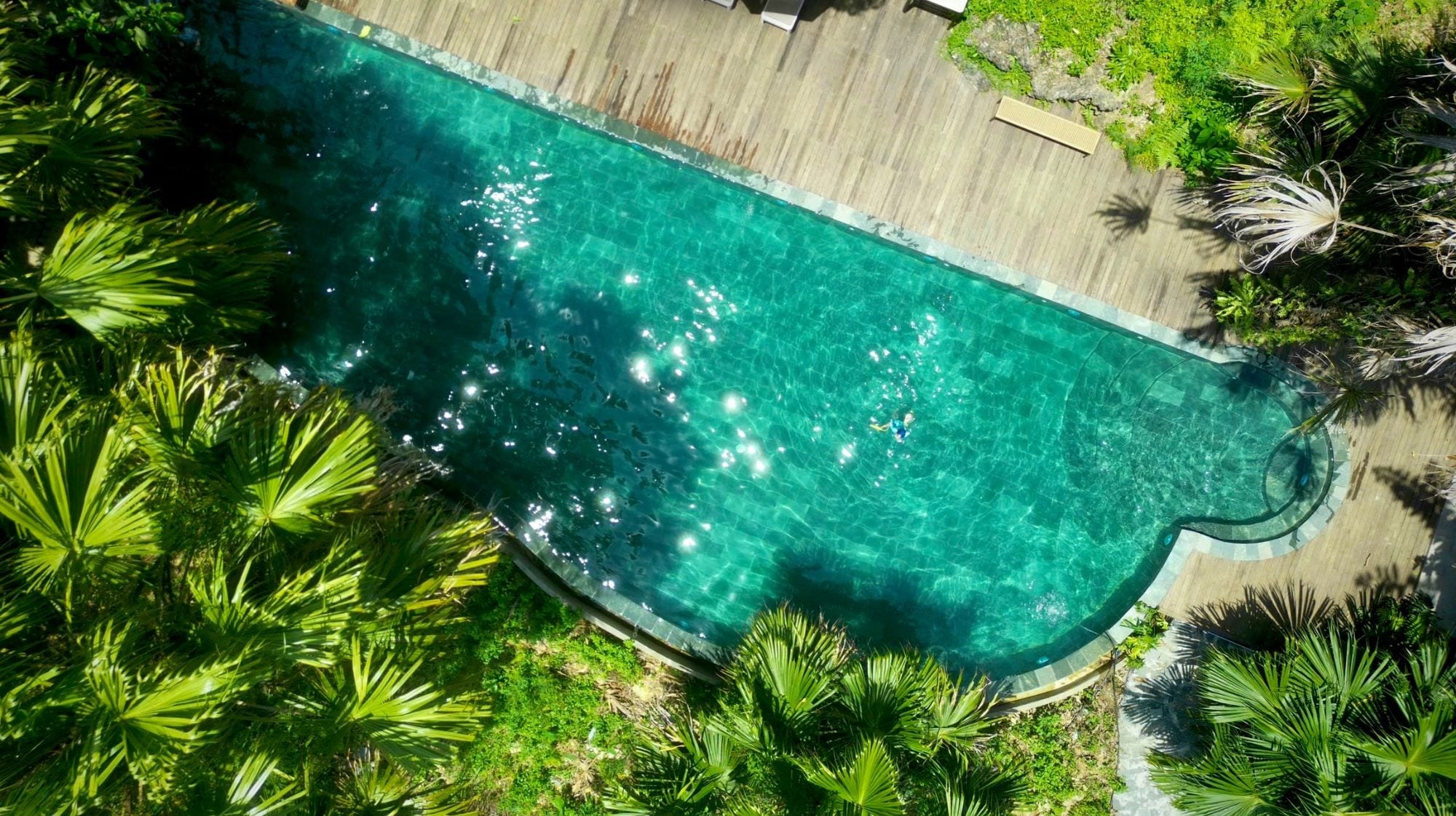 Oversigtsbillede af en swimmingpool omgivet af frodig vegetation og en træterrasse med liggestole.