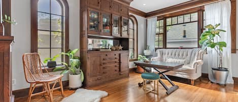 TV, fireplace, books